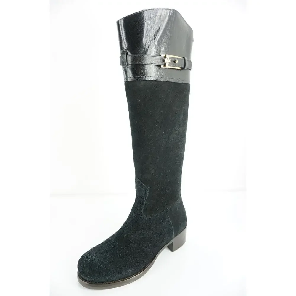 Tory Burch Black Suede Jenna Logo Tall Knee Riding Boots New